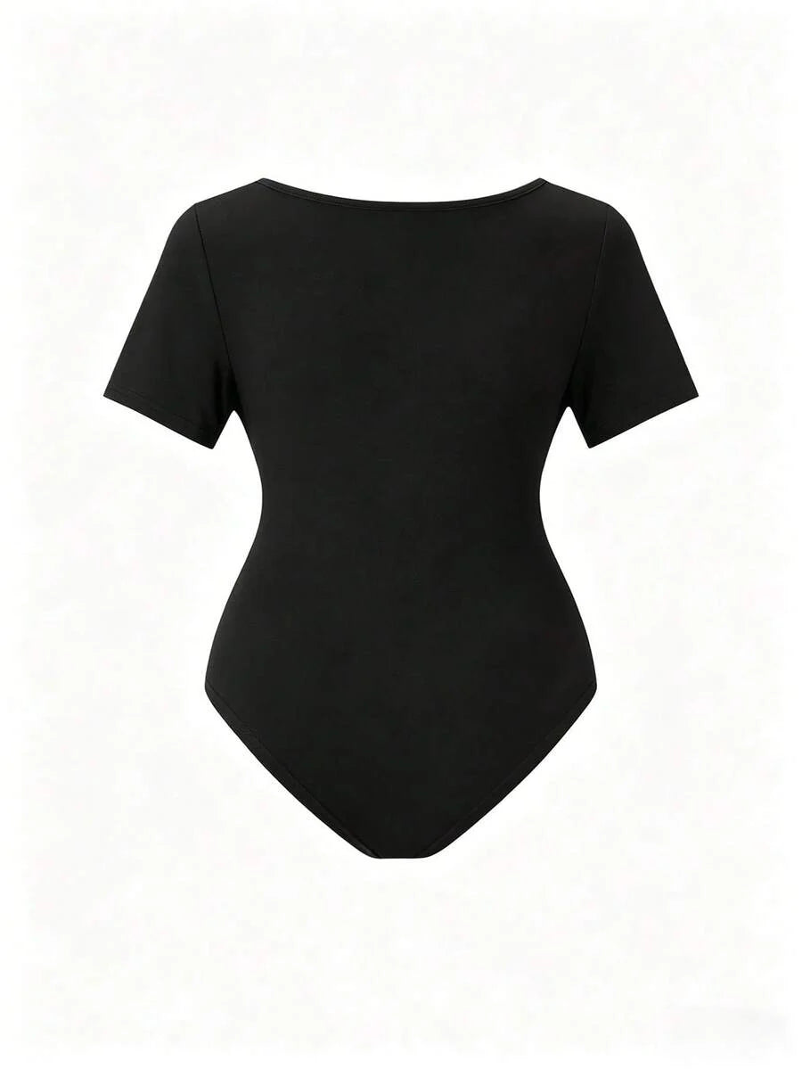 Parara Pregnant Women Deep V-Neck Short Sleeve High Elasticity Ribbed Knit Bodysuit Black
