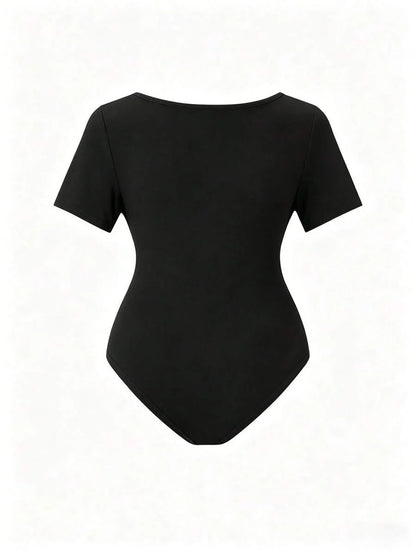 Parara Pregnant Women Deep V-Neck Short Sleeve High Elasticity Ribbed Knit Bodysuit Black