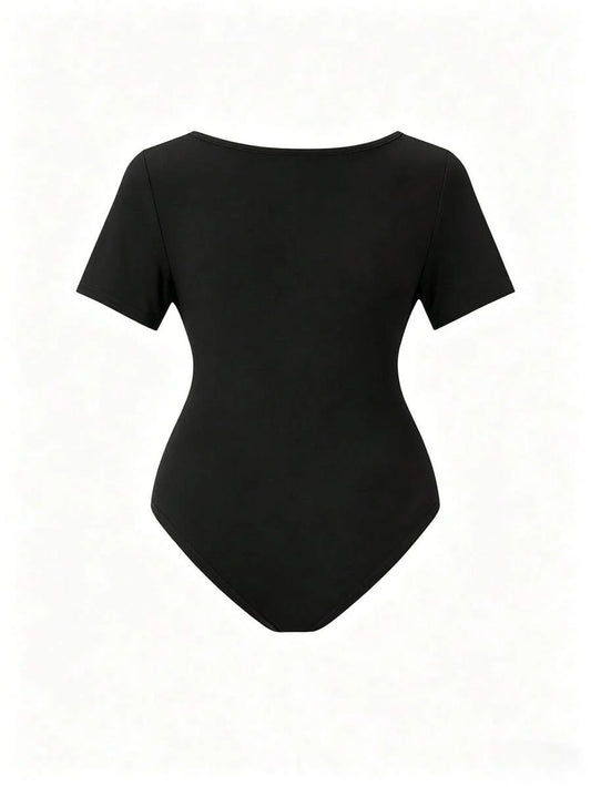 Parara Pregnant Women Deep V-Neck Short Sleeve High Elasticity Ribbed Knit Bodysuit Black