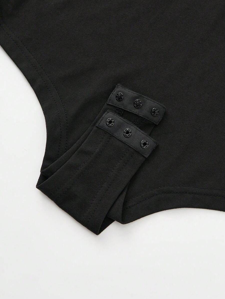 Parara Pregnant Women Deep V-Neck Short Sleeve High Elasticity Ribbed Knit Bodysuit Black