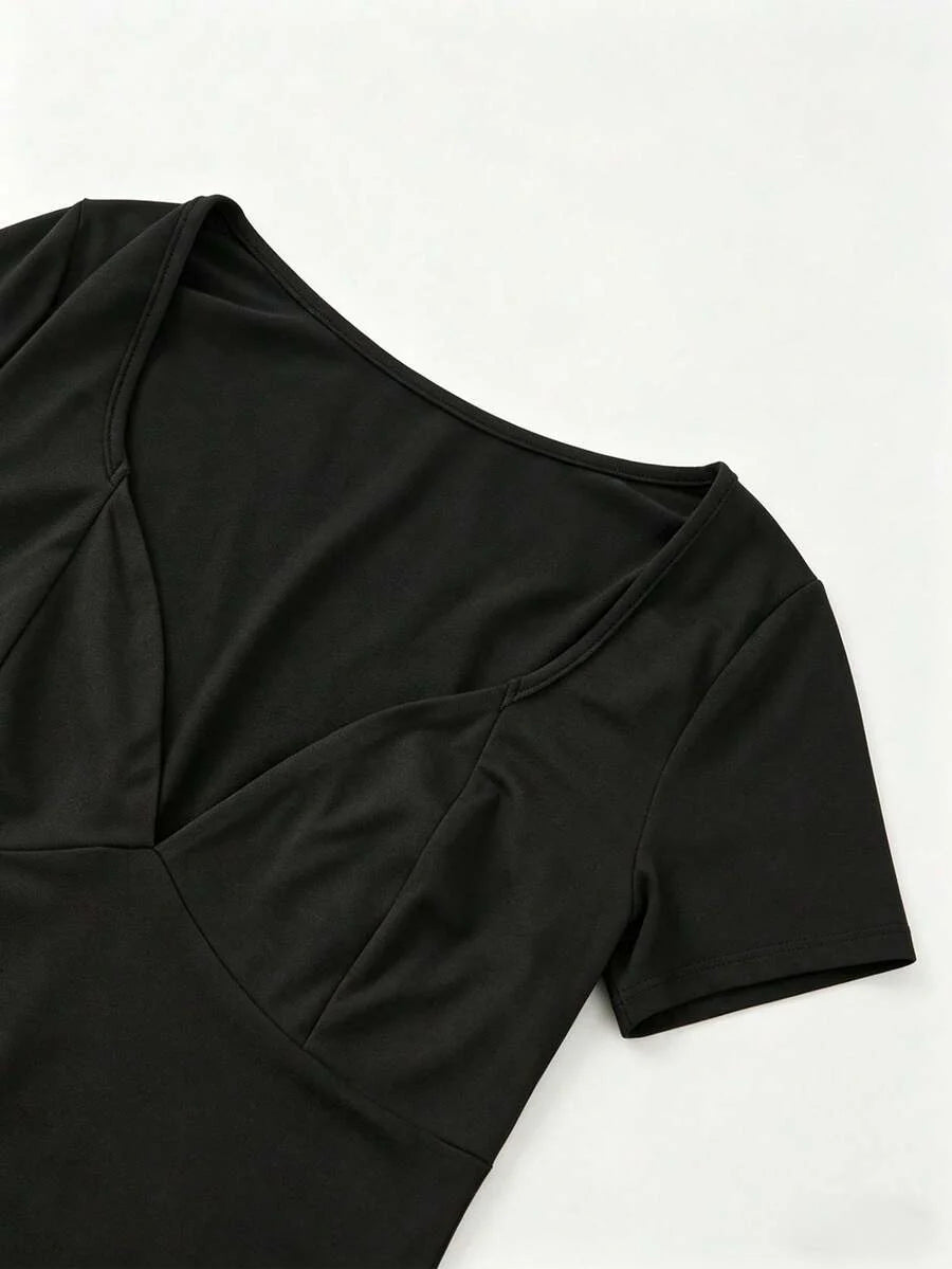 Parara Pregnant Women Deep V-Neck Short Sleeve High Elasticity Ribbed Knit Bodysuit Black