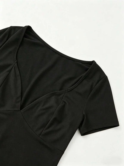 Parara Pregnant Women Deep V-Neck Short Sleeve High Elasticity Ribbed Knit Bodysuit Black