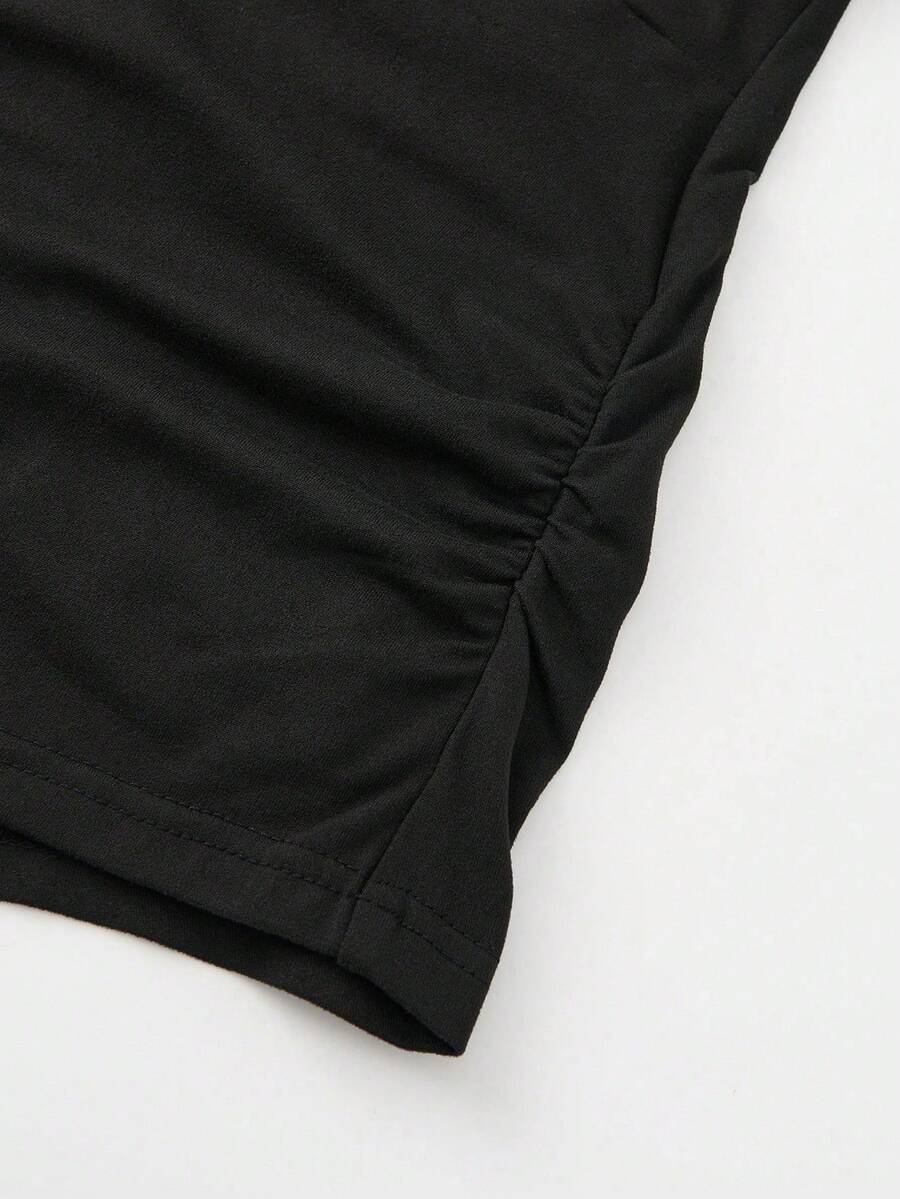 Parara Pregnant Women Deep V-Neck Short Sleeve High Elasticity Ribbed Knit Bodysuit Black