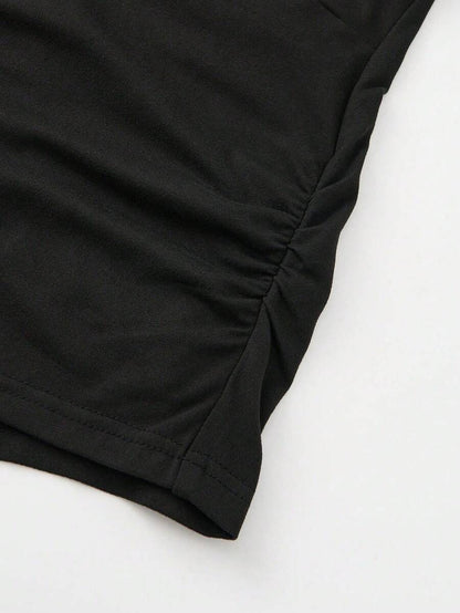 Parara Pregnant Women Deep V-Neck Short Sleeve High Elasticity Ribbed Knit Bodysuit Black