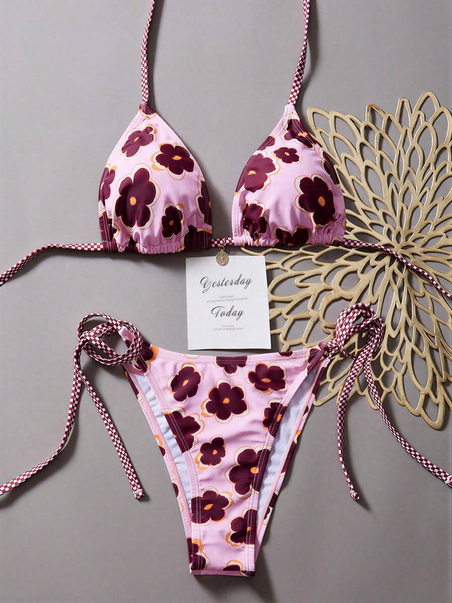 Swim Vcay Women's Summer Beach Floral Print Halter Tie Sexy Bikini Set, Random Print
