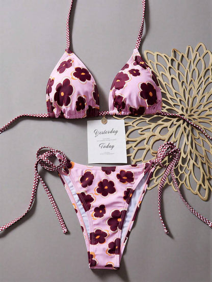 Swim Vcay Women's Summer Beach Floral Print Halter Tie Sexy Bikini Set, Random Print