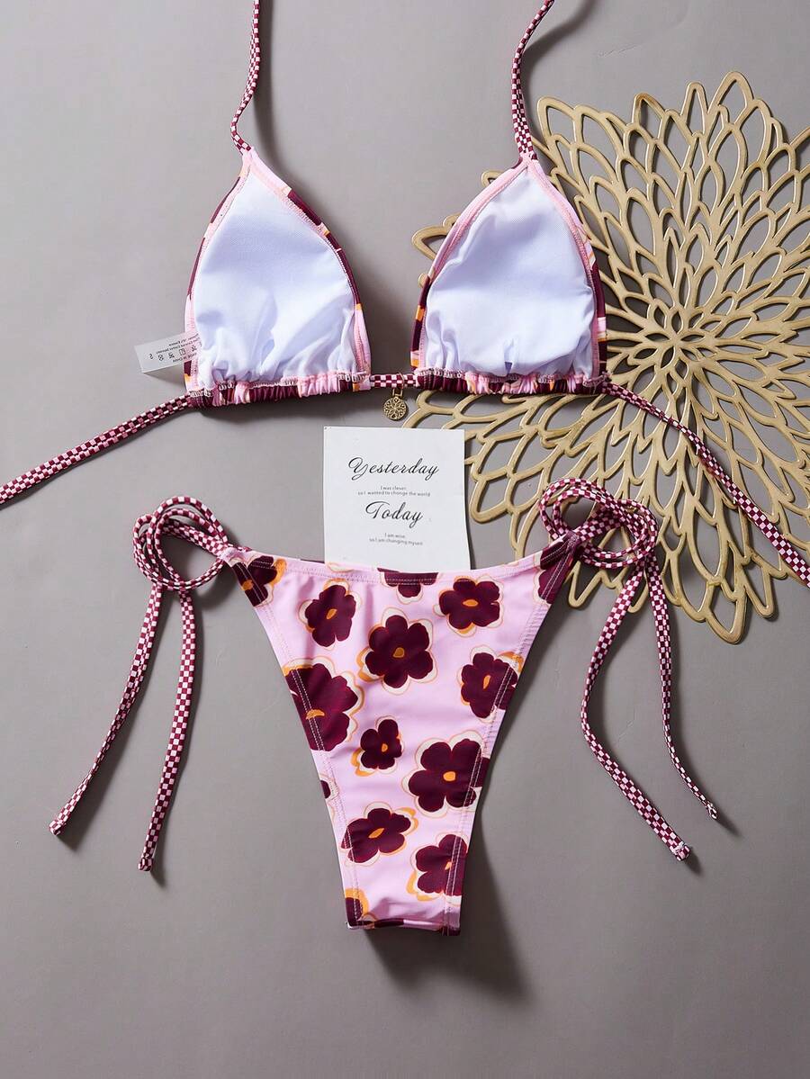 Swim Vcay Women's Summer Beach Floral Print Halter Tie Sexy Bikini Set, Random Print