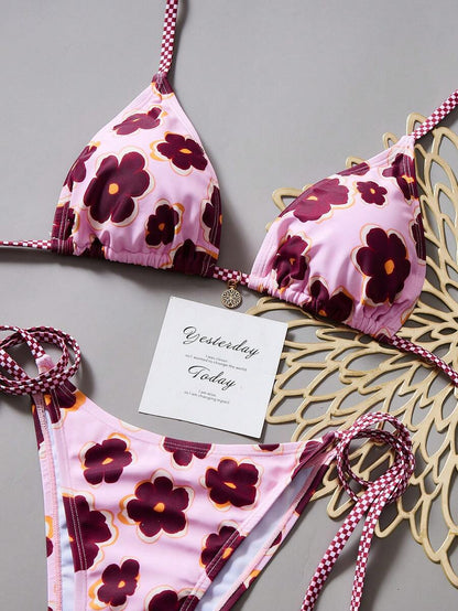 Swim Vcay Women's Summer Beach Floral Print Halter Tie Sexy Bikini Set, Random Print