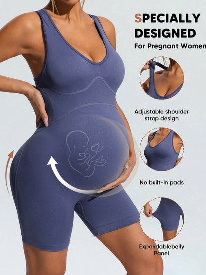 Dusty Blue V-Neck Maternity Sports Romper – High-Stretch Sleeveless Backless Bodysuit for Yoga, Gym & Casual Summer Activewear