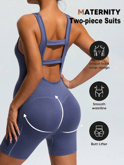 Dusty Blue V-Neck Maternity Sports Romper – High-Stretch Sleeveless Backless Bodysuit for Yoga, Gym & Casual Summer Activewear