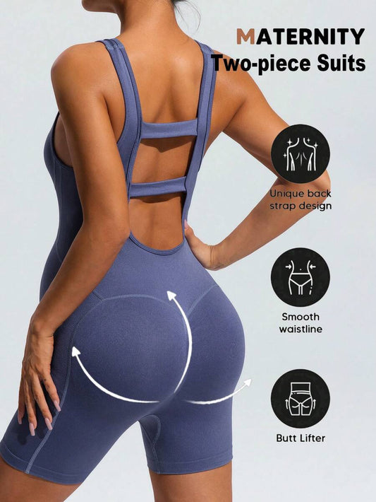 Dusty Blue V-Neck Maternity Sports Romper – High-Stretch Sleeveless Backless Bodysuit for Yoga, Gym & Casual Summer Activewear