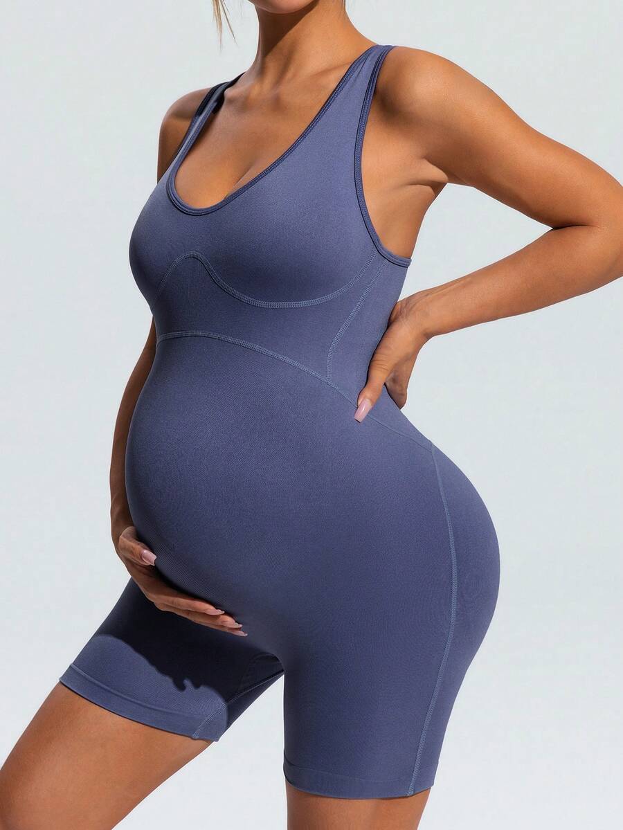 Dusty Blue V-Neck Maternity Sports Romper – High-Stretch Sleeveless Backless Bodysuit for Yoga, Gym & Casual Summer Activewear