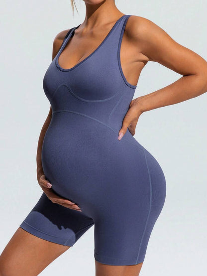 Dusty Blue V-Neck Maternity Sports Romper – High-Stretch Sleeveless Backless Bodysuit for Yoga, Gym & Casual Summer Activewear