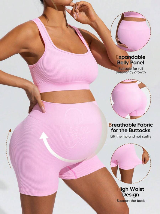 Pink Maternity Summer Sports Set - High Waist Support Shorts and Scoop Neck Micro Crop Tank Top Yoga Set