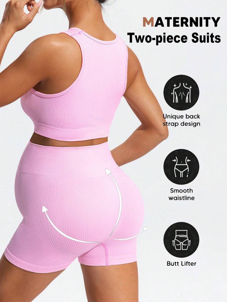 Pink Maternity Summer Sports Set - High Waist Support Shorts and Scoop Neck Micro Crop Tank Top Yoga Set