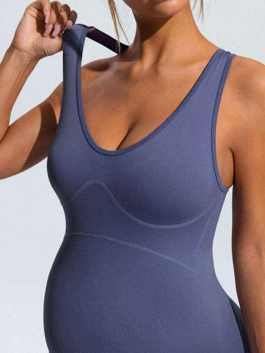 Dusty Blue V-Neck Maternity Sports Romper – High-Stretch Sleeveless Backless Bodysuit for Yoga, Gym & Casual Summer Activewear