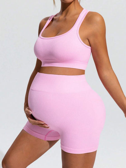 Pink Maternity Summer Sports Set - High Waist Support Shorts and Scoop Neck Micro Crop Tank Top Yoga Set