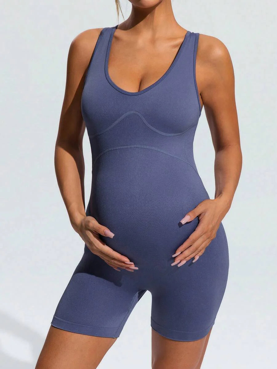 Dusty Blue V-Neck Maternity Sports Romper – High-Stretch Sleeveless Backless Bodysuit for Yoga, Gym & Casual Summer Activewear