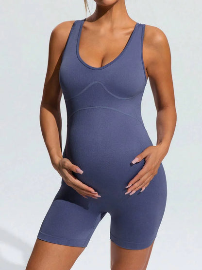 Dusty Blue V-Neck Maternity Sports Romper – High-Stretch Sleeveless Backless Bodysuit for Yoga, Gym & Casual Summer Activewear