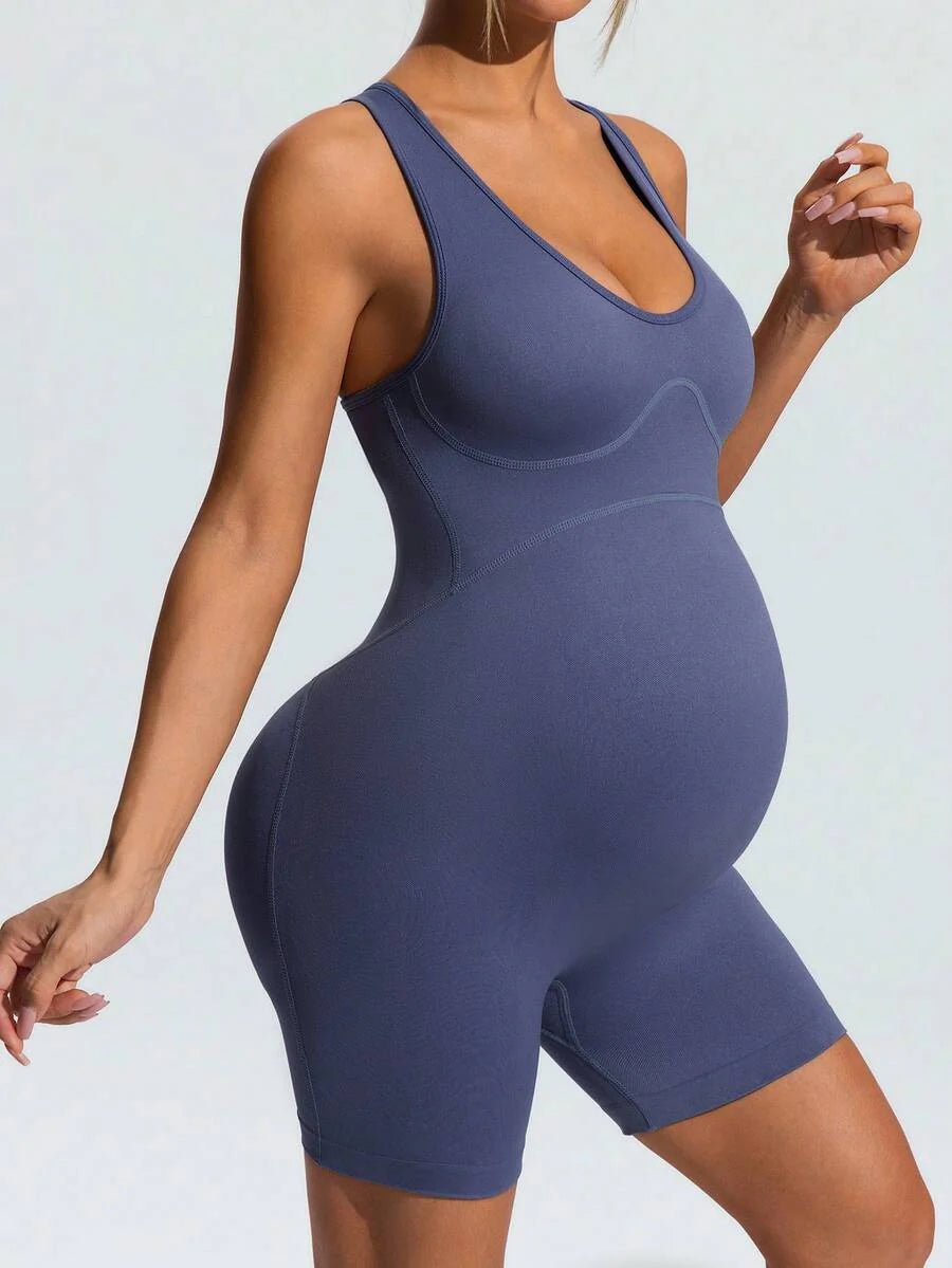 Dusty Blue V-Neck Maternity Sports Romper – High-Stretch Sleeveless Backless Bodysuit for Yoga, Gym & Casual Summer Activewear
