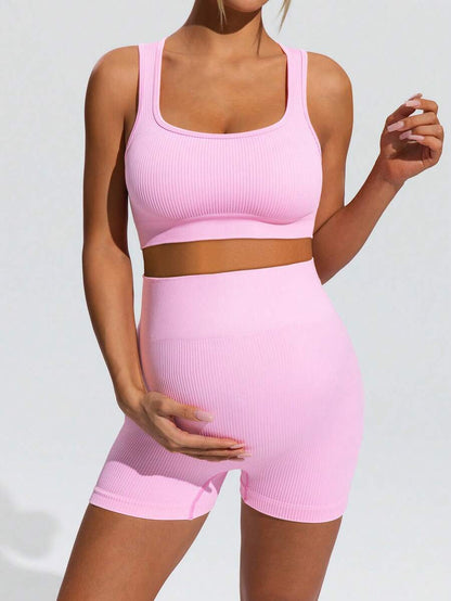 Pink Maternity Summer Sports Set - High Waist Support Shorts and Scoop Neck Micro Crop Tank Top Yoga Set
