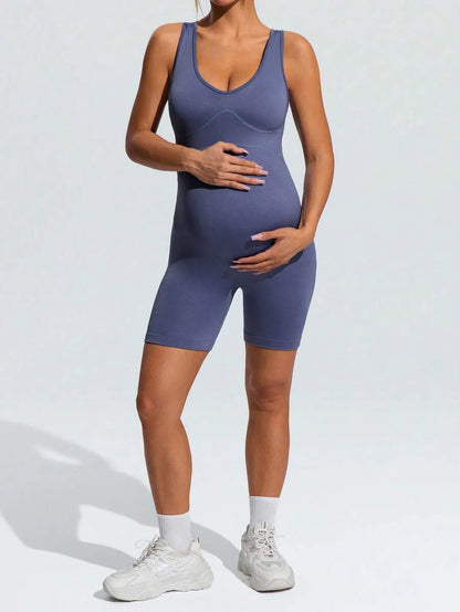 Dusty Blue V-Neck Maternity Sports Romper – High-Stretch Sleeveless Backless Bodysuit for Yoga, Gym & Casual Summer Activewear