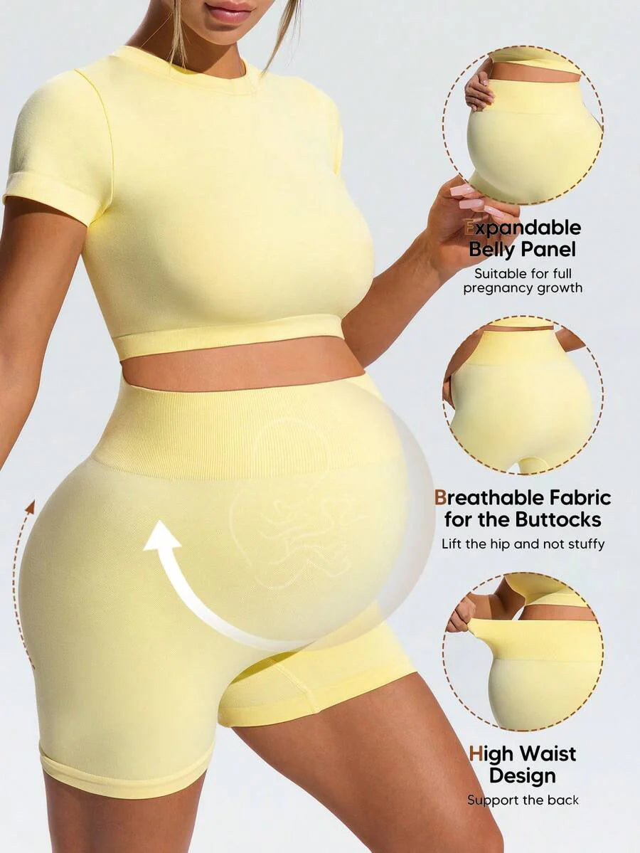 Maternity Slim Fit Micro Crop T-Shirt and High Waist Sports Shorts Set in Yellow - High Stretch Activewear Two-Piece Outfits