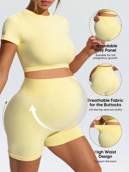 Maternity Slim Fit Micro Crop T-Shirt and High Waist Sports Shorts Set in Yellow - High Stretch Activewear Two-Piece Outfits