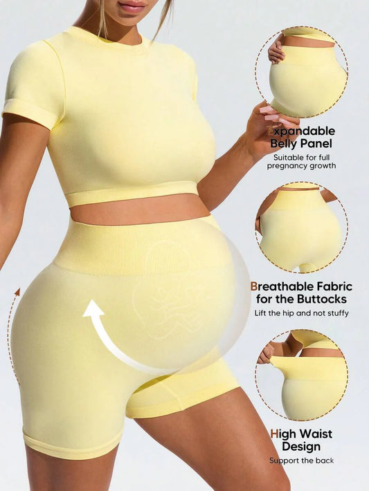 Maternity Slim Fit Micro Crop T-Shirt and High Waist Sports Shorts Set in Yellow - High Stretch Activewear Two-Piece Outfits