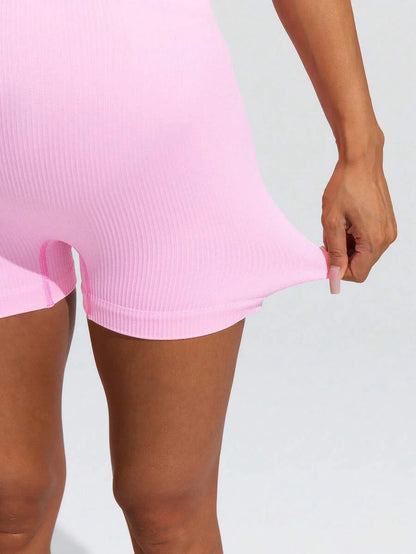 Pink Maternity Summer Sports Set - High Waist Support Shorts and Scoop Neck Micro Crop Tank Top Yoga Set