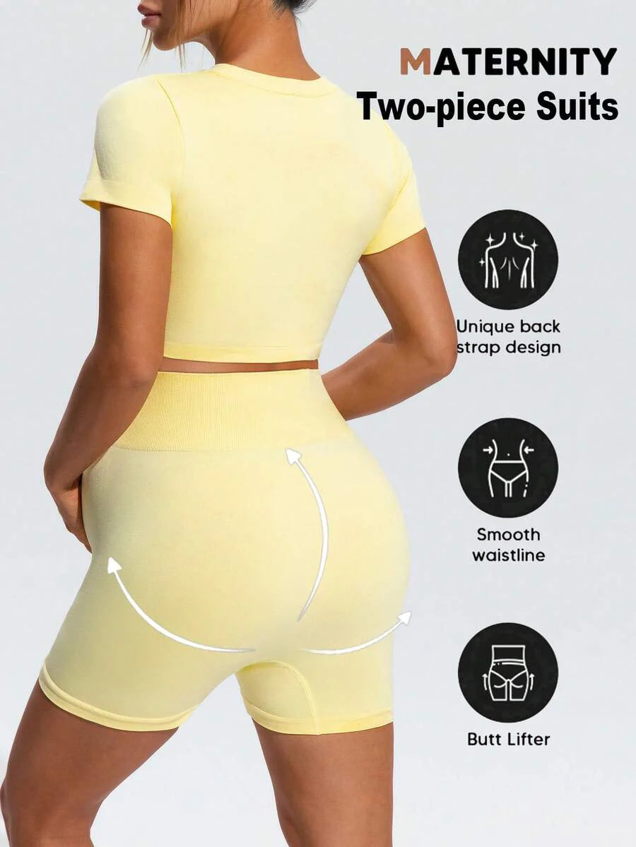 Maternity Slim Fit Micro Crop T-Shirt and High Waist Sports Shorts Set in Yellow - High Stretch Activewear Two-Piece Outfits