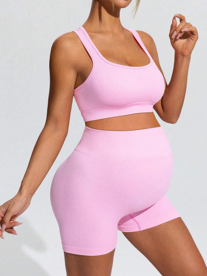 Pink Maternity Summer Sports Set - High Waist Support Shorts and Scoop Neck Micro Crop Tank Top Yoga Set