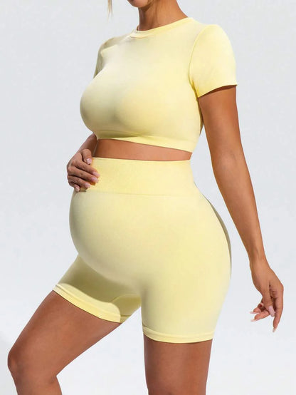 Maternity Slim Fit Micro Crop T-Shirt and High Waist Sports Shorts Set in Yellow - High Stretch Activewear Two-Piece Outfits