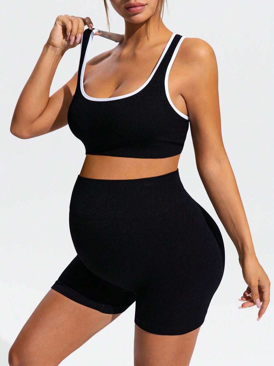 null  Pants Body:Unlined  Closure Type:Elastic Waist  Details:Rib-Knit  Neckline:Scoop Neck  Pattern Type:Graphic  Pants Length:Mini Shorts  Style:Casual  Waist Line:High Waist  Occasion:Sports  Hem Shaped:Tight Hem  Pants Material:Knitted Fabric  Lined F