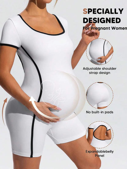 Maternity Contrast Colorblock Short Sleeve Sports Romper - Slim Fit Square Neck Black and White Athletic Yoga Bodysuit