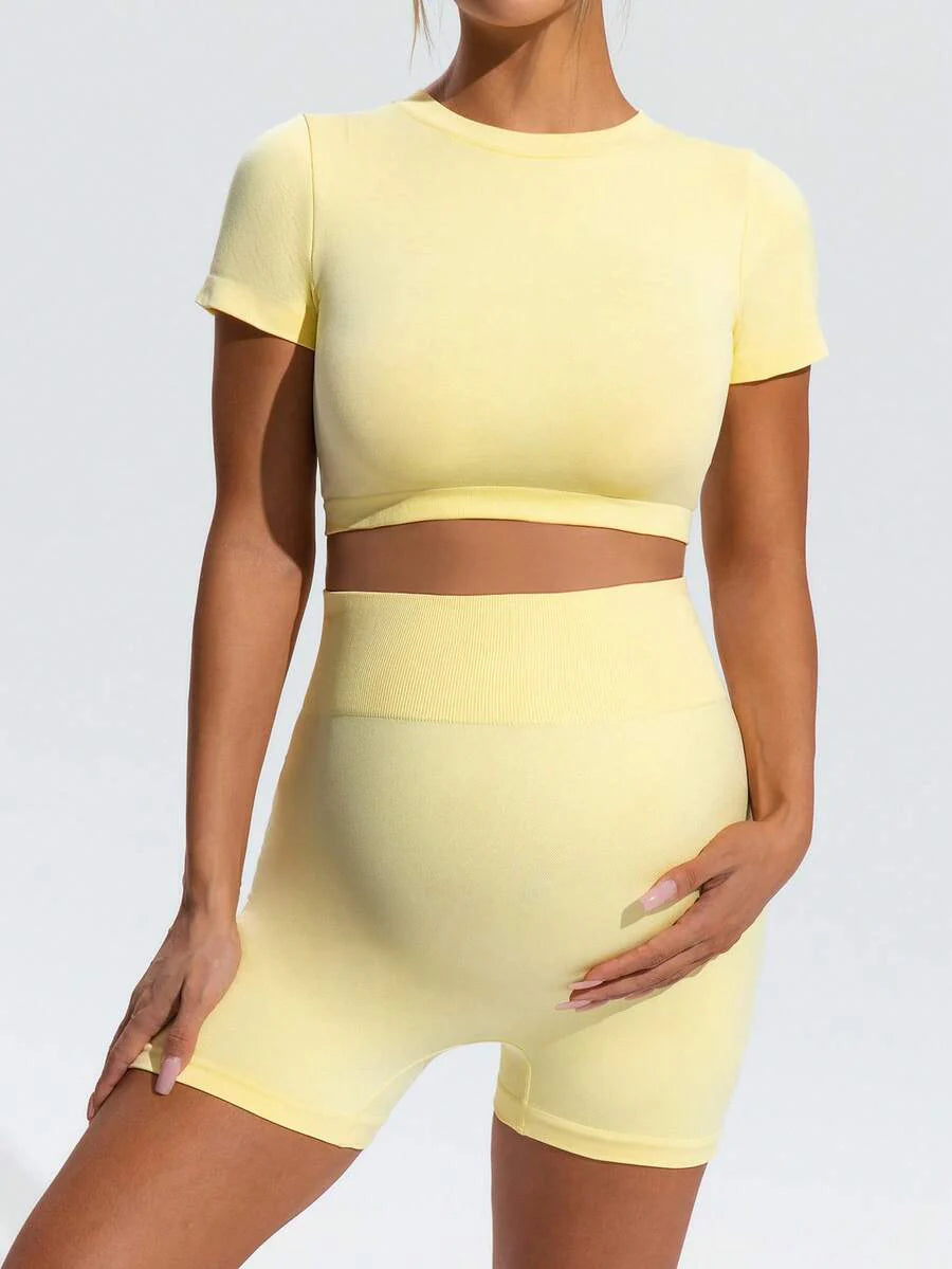 Maternity Slim Fit Micro Crop T-Shirt and High Waist Sports Shorts Set in Yellow - High Stretch Activewear Two-Piece Outfits