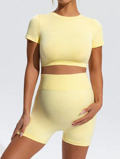 Maternity Slim Fit Micro Crop T-Shirt and High Waist Sports Shorts Set in Yellow - High Stretch Activewear Two-Piece Outfits