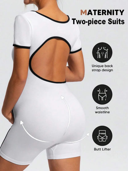 Maternity Contrast Colorblock Short Sleeve Sports Romper - Slim Fit Square Neck Black and White Athletic Yoga Bodysuit