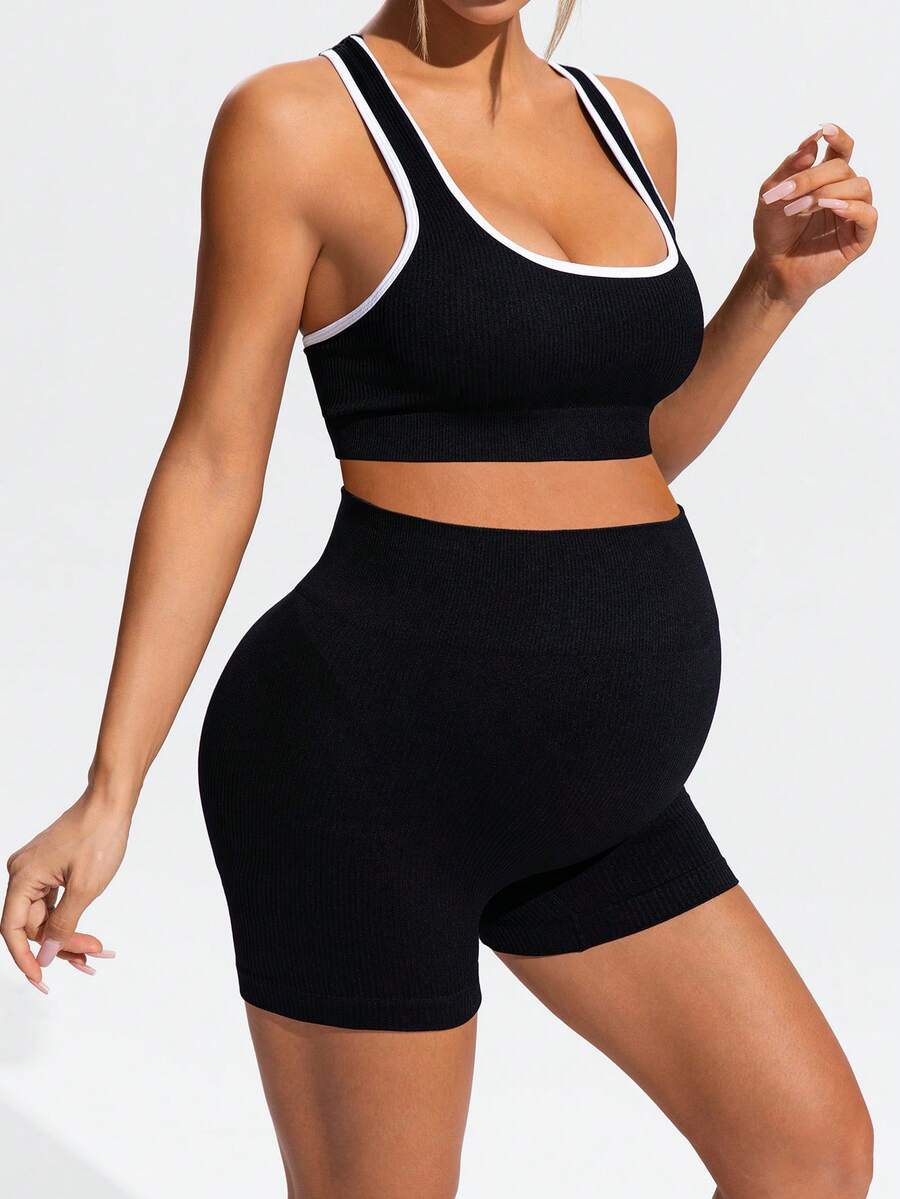 null  Pants Body:Unlined  Closure Type:Elastic Waist  Details:Rib-Knit  Neckline:Scoop Neck  Pattern Type:Graphic  Pants Length:Mini Shorts  Style:Casual  Waist Line:High Waist  Occasion:Sports  Hem Shaped:Tight Hem  Pants Material:Knitted Fabric  Lined F