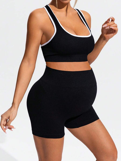 null  Pants Body:Unlined  Closure Type:Elastic Waist  Details:Rib-Knit  Neckline:Scoop Neck  Pattern Type:Graphic  Pants Length:Mini Shorts  Style:Casual  Waist Line:High Waist  Occasion:Sports  Hem Shaped:Tight Hem  Pants Material:Knitted Fabric  Lined F