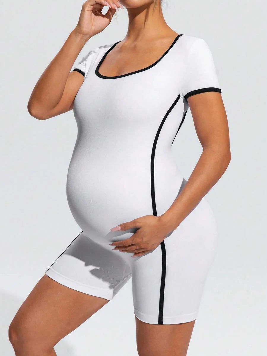 Maternity Contrast Colorblock Short Sleeve Sports Romper - Slim Fit Square Neck Black and White Athletic Yoga Bodysuit