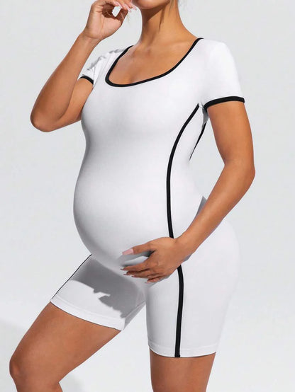 Maternity Contrast Colorblock Short Sleeve Sports Romper - Slim Fit Square Neck Black and White Athletic Yoga Bodysuit