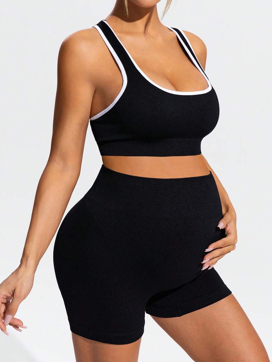 null  Pants Body:Unlined  Closure Type:Elastic Waist  Details:Rib-Knit  Neckline:Scoop Neck  Pattern Type:Graphic  Pants Length:Mini Shorts  Style:Casual  Waist Line:High Waist  Occasion:Sports  Hem Shaped:Tight Hem  Pants Material:Knitted Fabric  Lined F