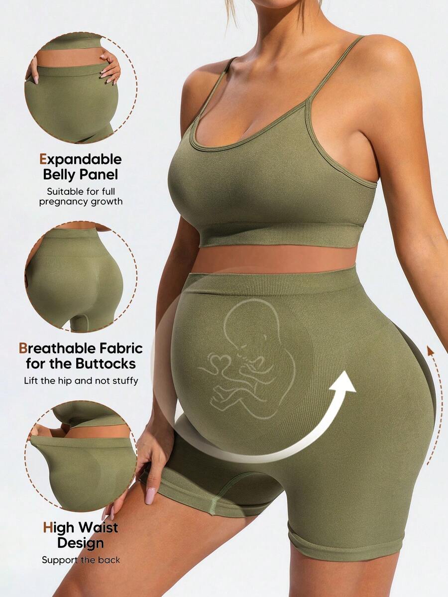 Maternity Olive Green Floral Spaghetti Strap Micro Crop Top and High Waist Biker Shorts 2-Piece Activewear Set