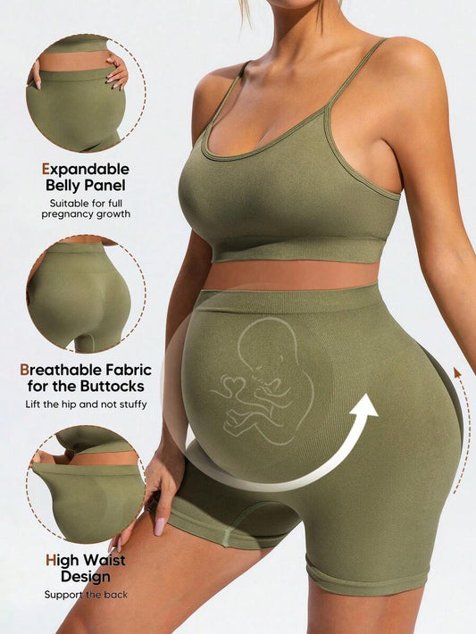 Maternity Olive Green Floral Spaghetti Strap Micro Crop Top and High Waist Biker Shorts 2-Piece Activewear Set