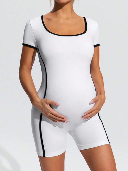 Maternity Contrast Colorblock Short Sleeve Sports Romper - Slim Fit Square Neck Black and White Athletic Yoga Bodysuit