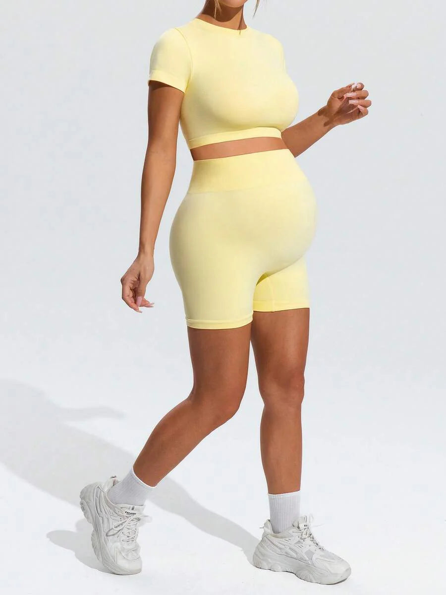 Maternity Slim Fit Micro Crop T-Shirt and High Waist Sports Shorts Set in Yellow - High Stretch Activewear Two-Piece Outfits