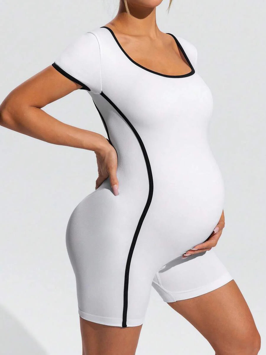 Maternity Contrast Colorblock Short Sleeve Sports Romper - Slim Fit Square Neck Black and White Athletic Yoga Bodysuit