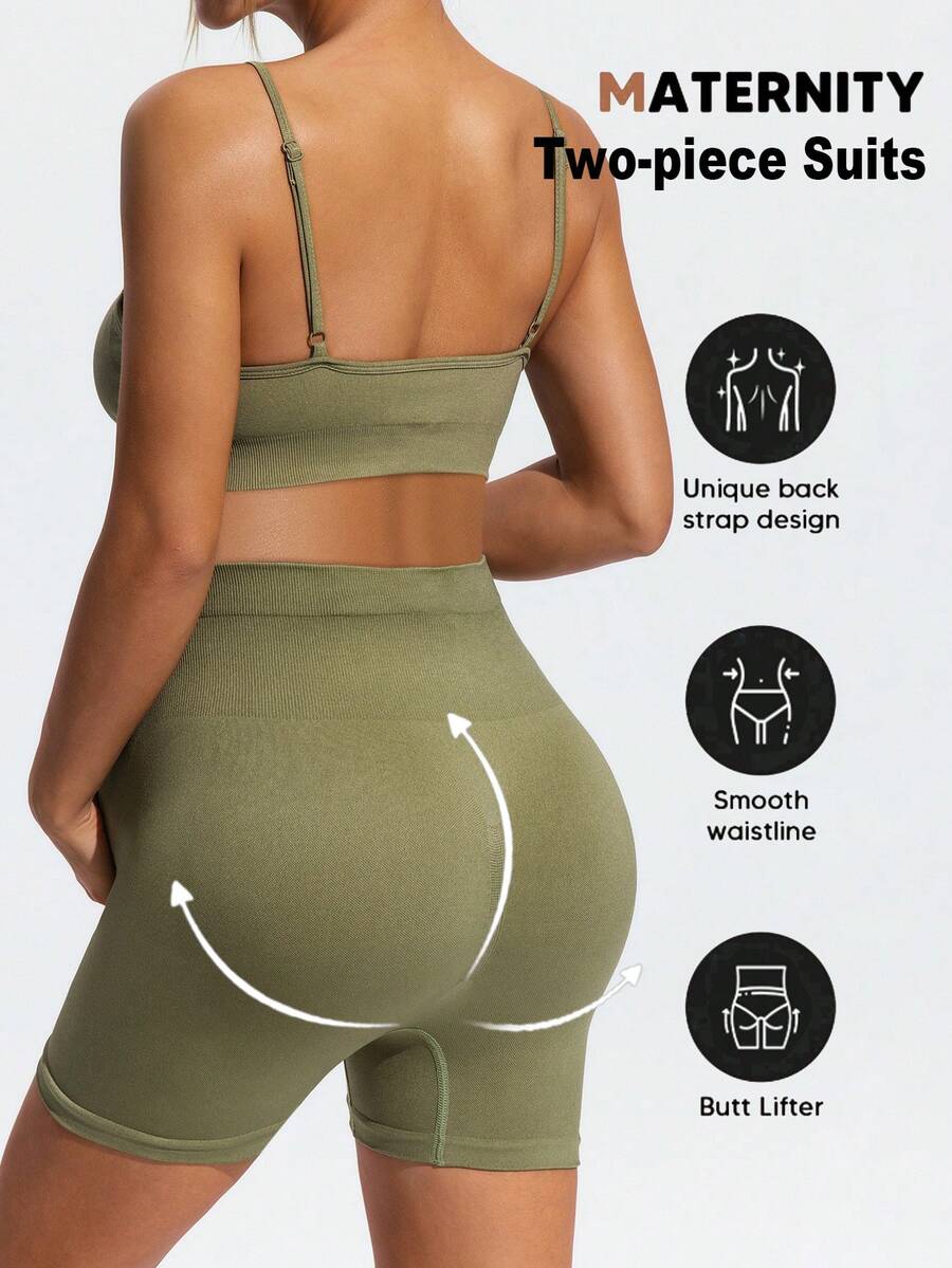 Maternity Olive Green Floral Spaghetti Strap Micro Crop Top and High Waist Biker Shorts 2-Piece Activewear Set