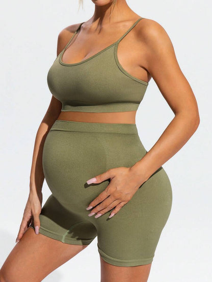 Maternity Olive Green Floral Spaghetti Strap Micro Crop Top and High Waist Biker Shorts 2-Piece Activewear Set